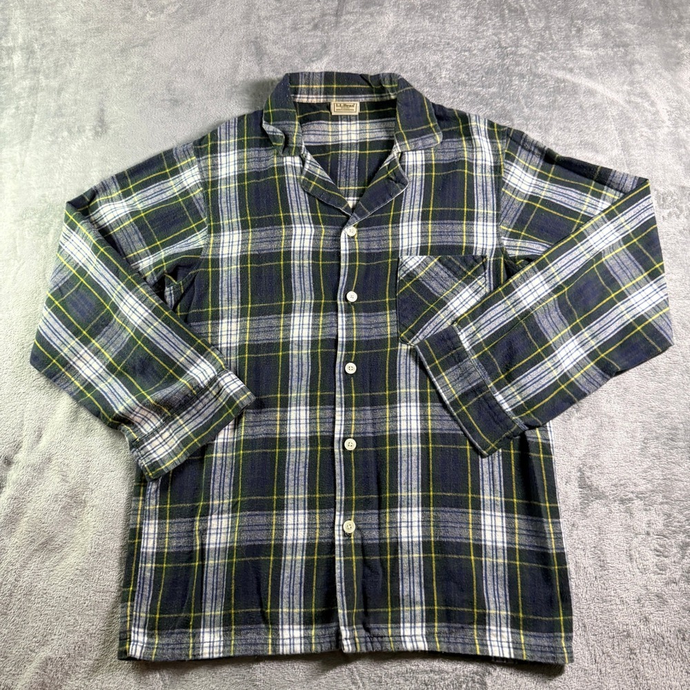 VTG L.L. Bean Plaid Flannel Button Front Pajama Top Mens Small Green USA Made